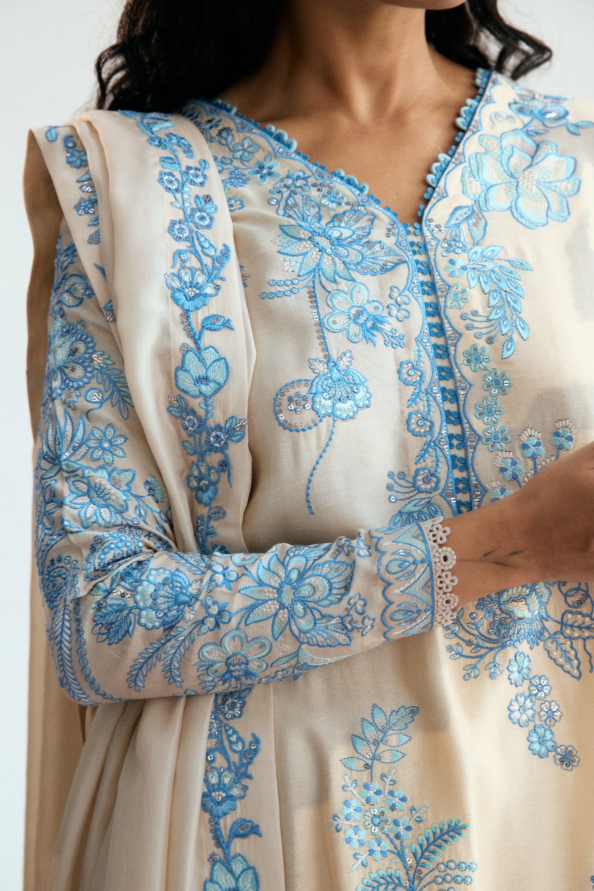 Front view of Opalite Set cream rayon kameez paired with matching pure raw silk wide-leg trousers.