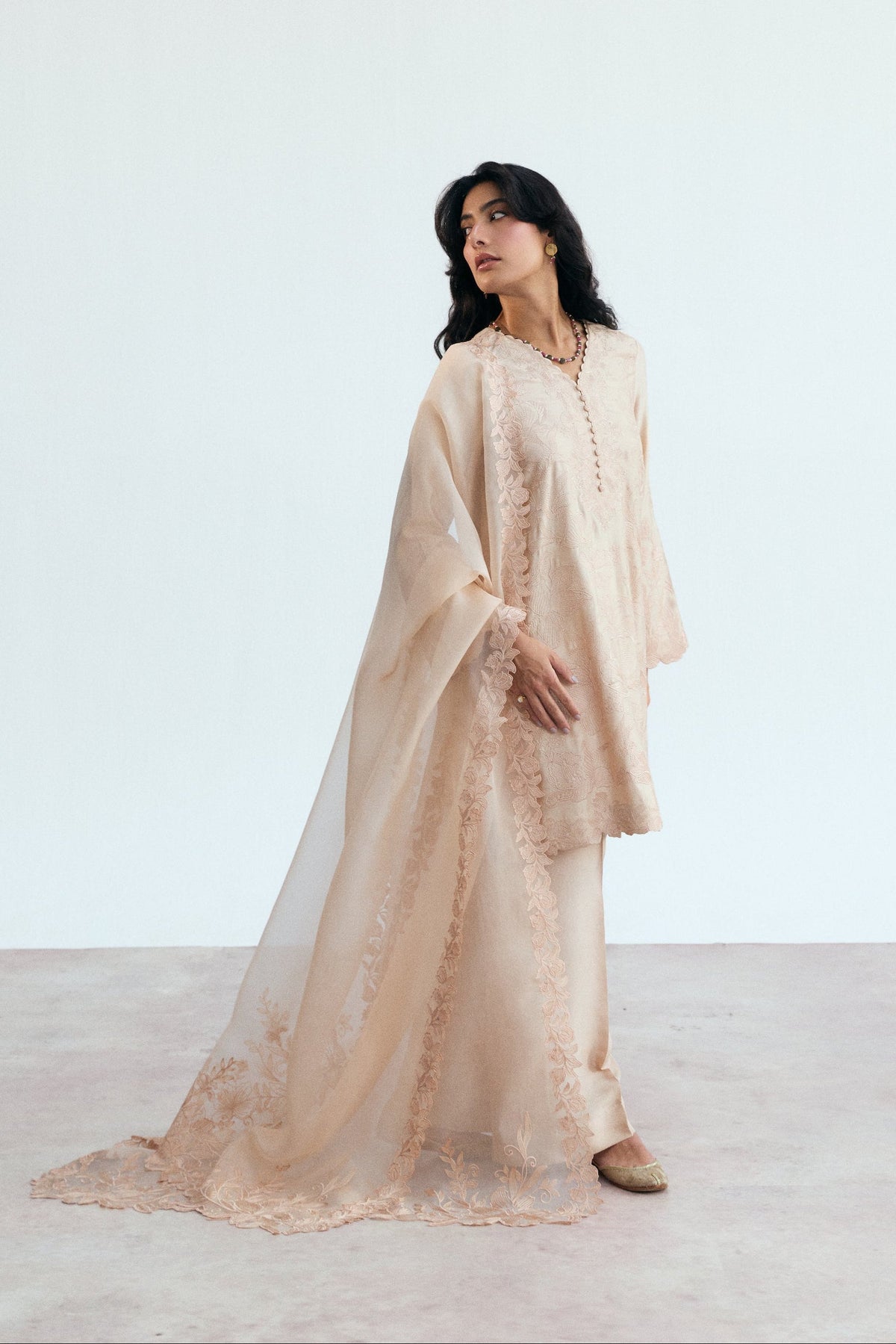 Short rayon kameez in soft peachy pink with cutwork sleeve detailing