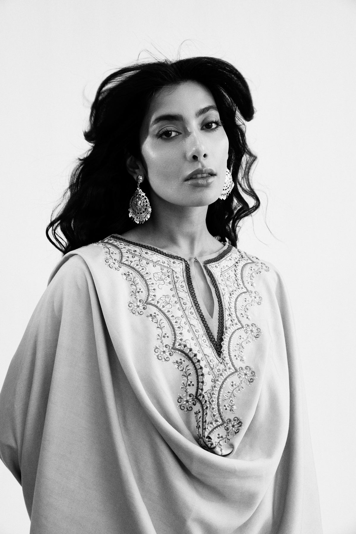 Full view of Mannam Gardenia Set — creamy oat khaddar Pakistani kameez with embroidered shawl for winter occasions UK