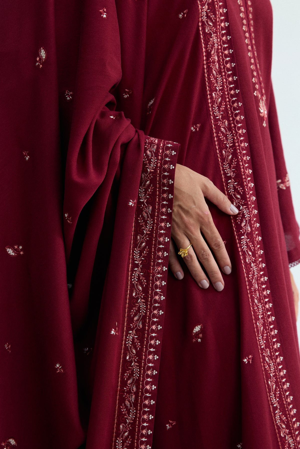 Back view of Garnet red khaddar Pakistani three-piece winter suit with tassel shawl — Mannam collection UK