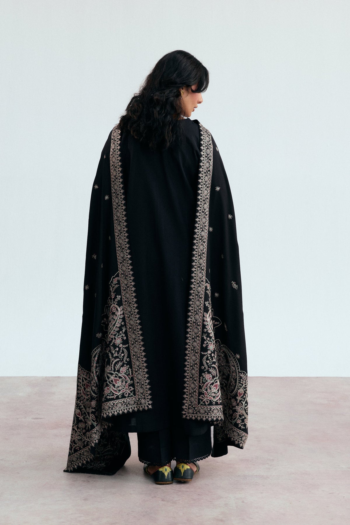 Elegant black khaddar Pakistani semi-formal suit with embroidered shawl — South Asian winter outfit UK