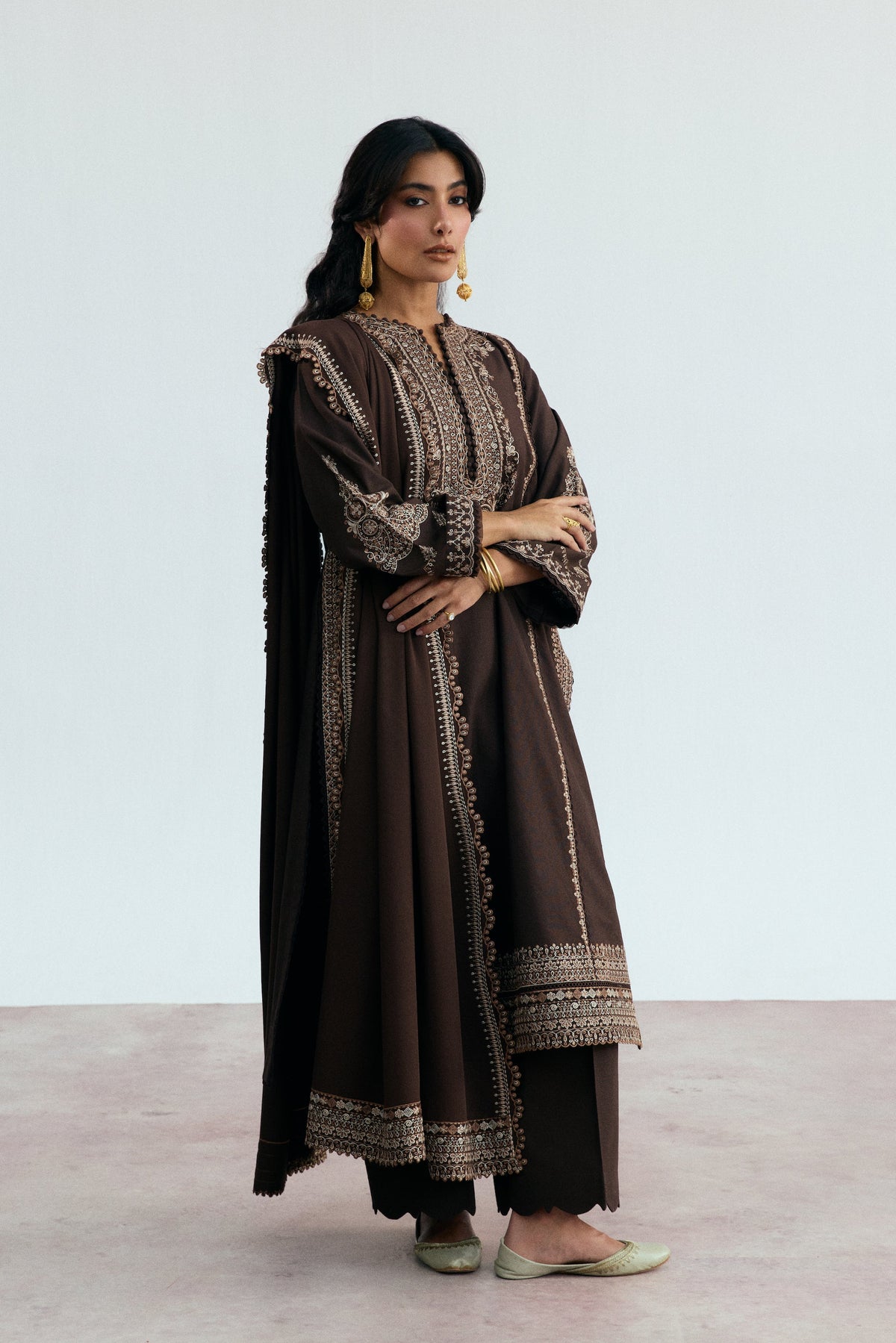 brown winter salwar kameez with shawl uk