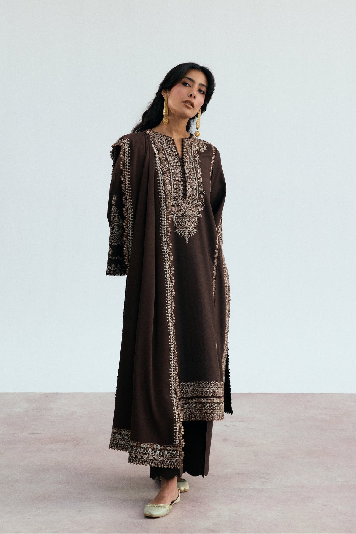 deep brown pakistani khaddar suit online