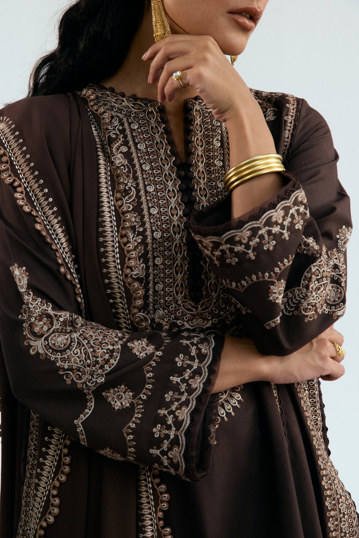 luxury embroidered chocolate brown khaddar 3 piece suit