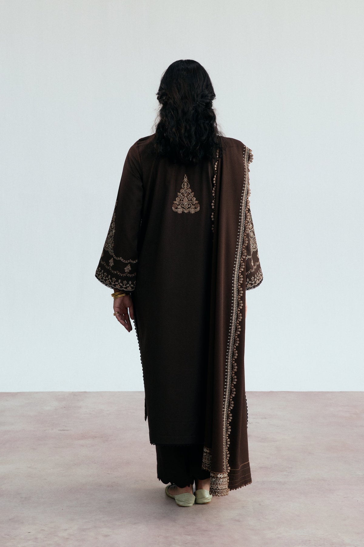 three piece in deep brown with premium embroidery – Pakistani winter collection
