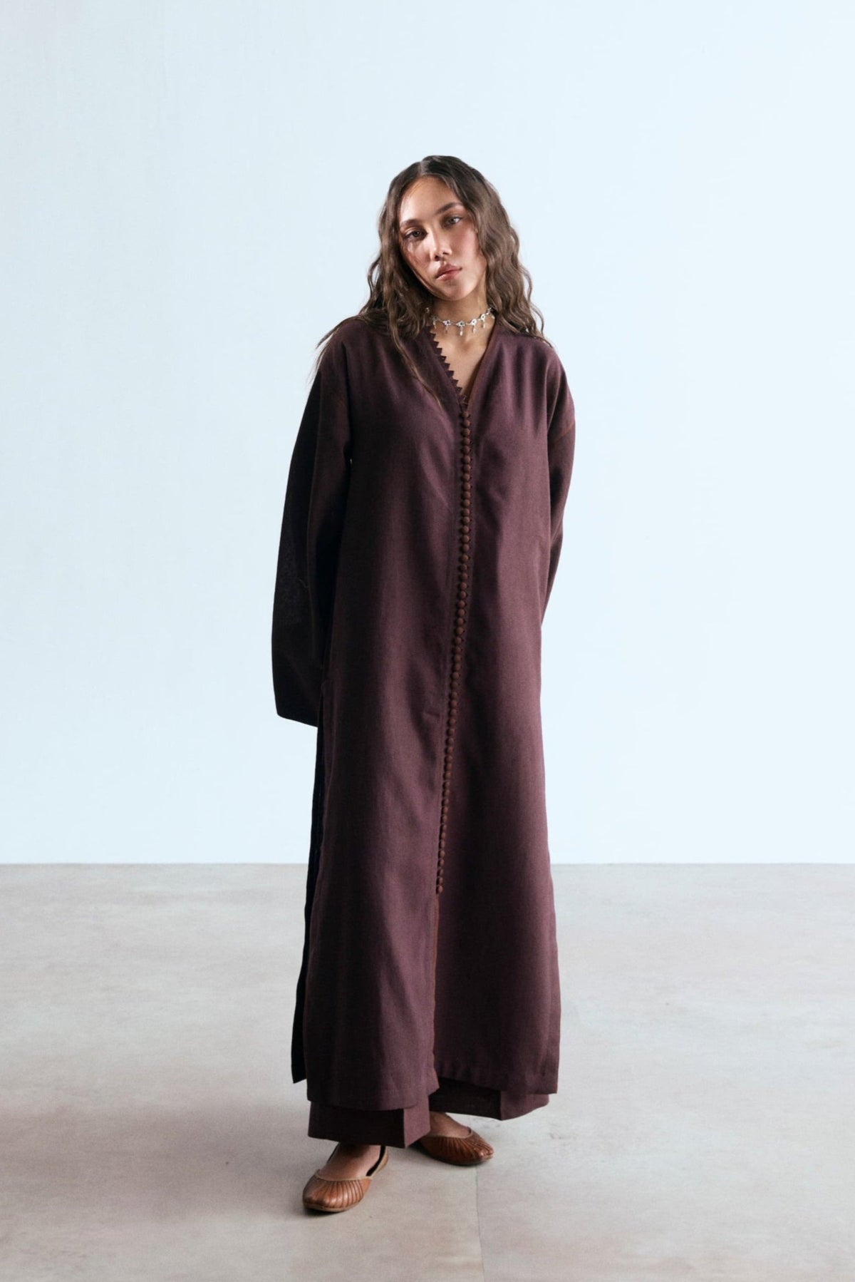 Mannam Chocolate Set — rich brown linen-cotton Pakistani kameez with handcrafted looped neckline and self-covered buttons UK
