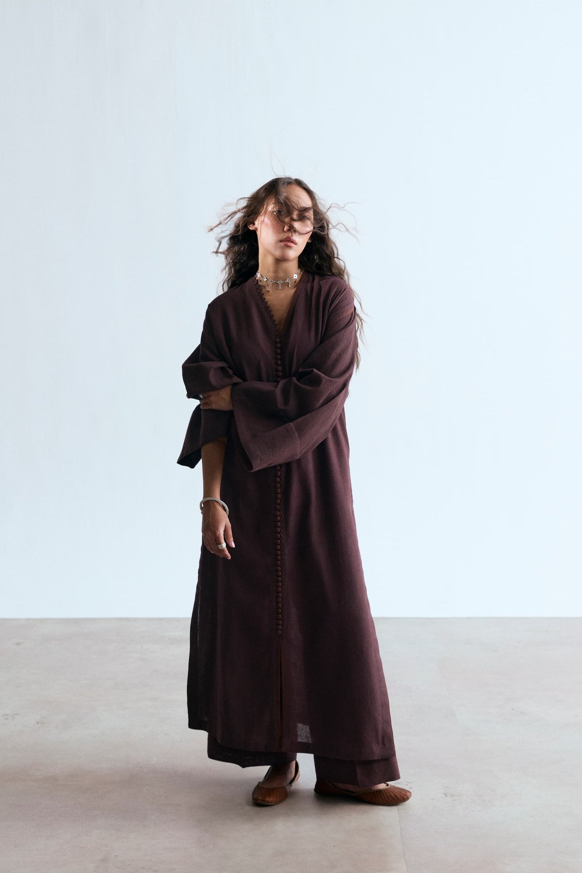 Chocolate Set — wide sleeves on rich brown Pakistani linen-cotton kameez | everyday South Asian wear UK