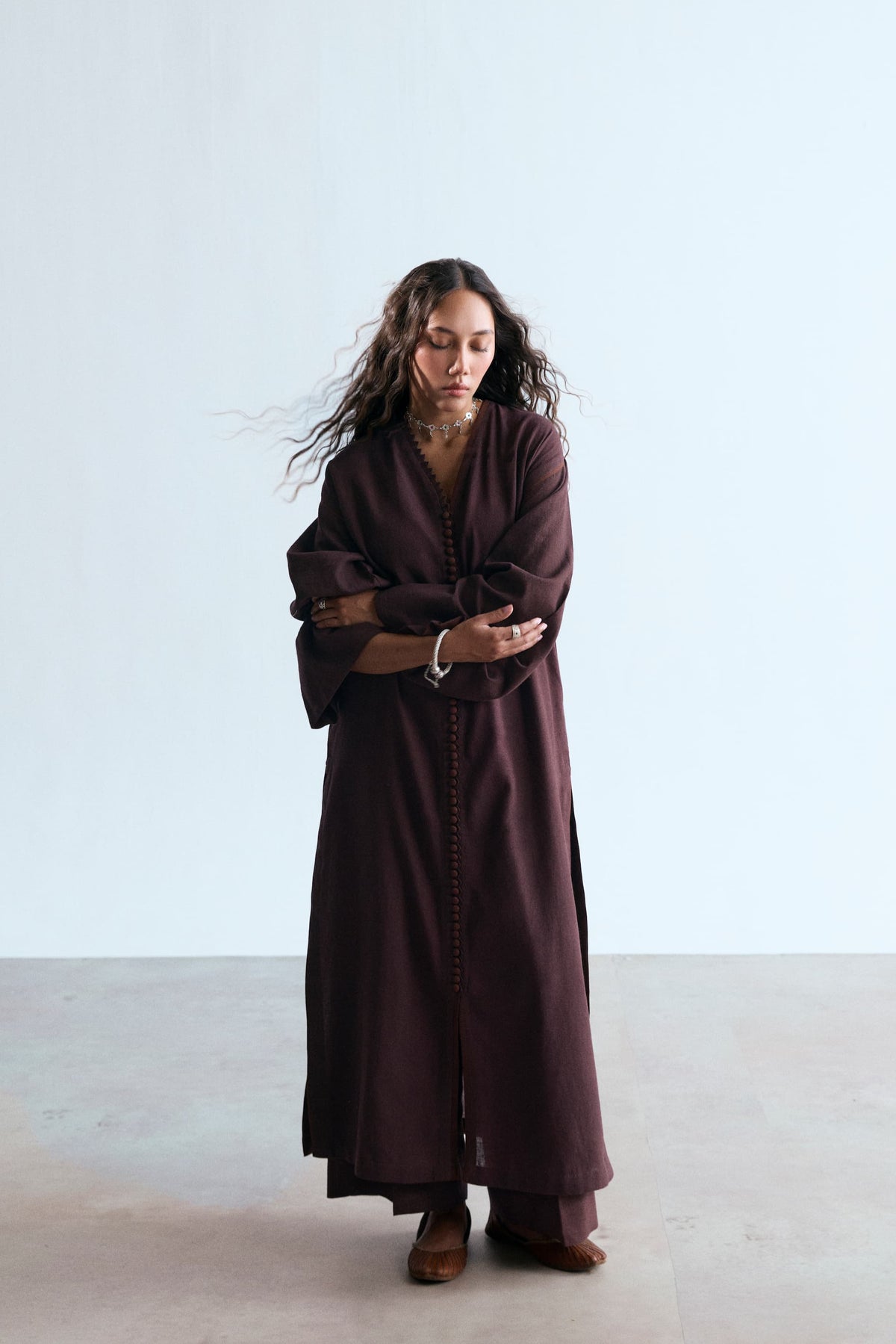 Chocolate Set — close-up of handcrafted looped neckline with self-covered buttons on brown linen-cotton Pakistani kameez UK