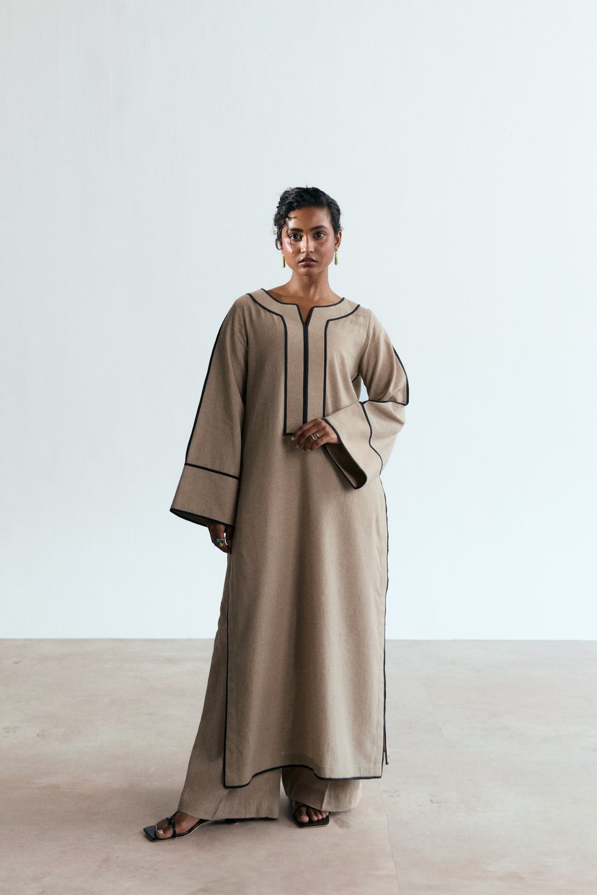 Stone Set — notched neckline and bell sleeves on sand beige Pakistani linen-cotton kameez UK