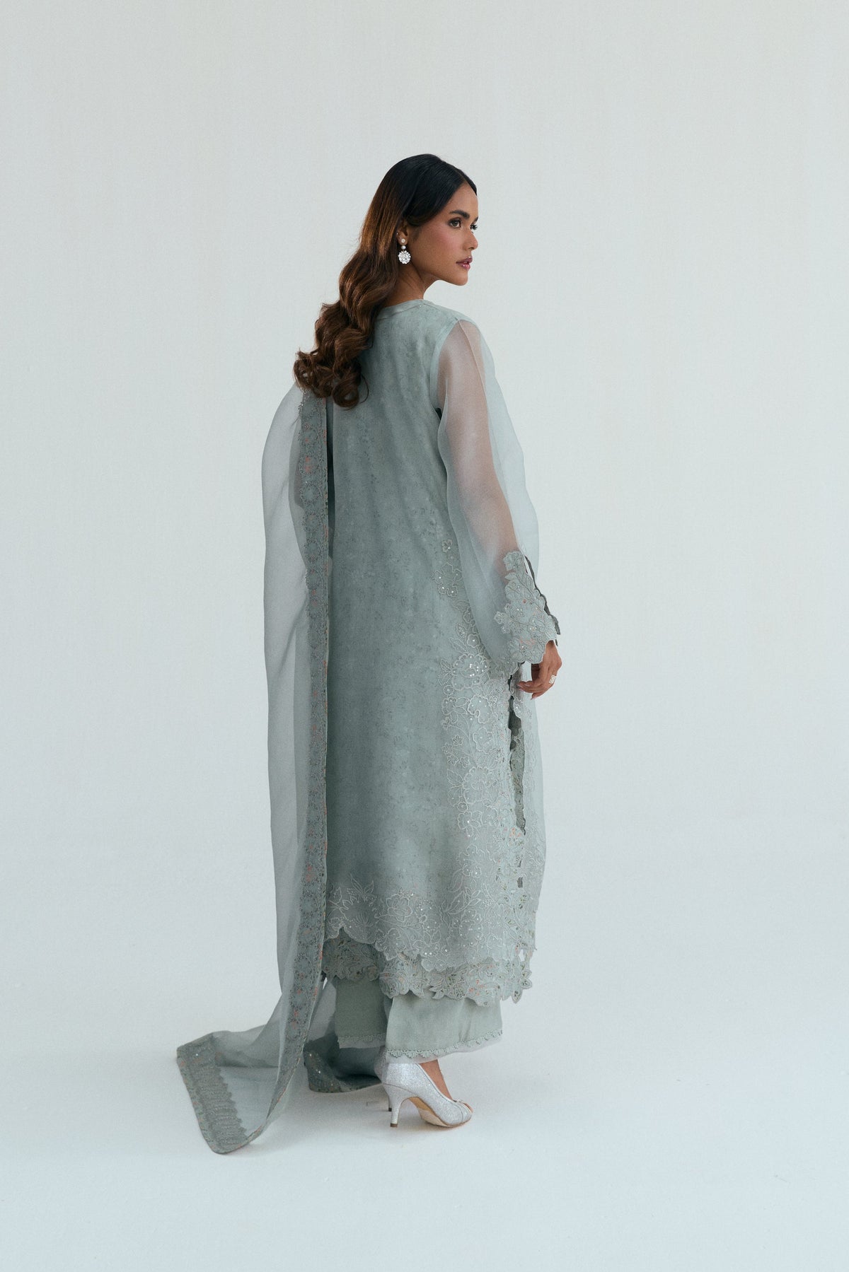 Haze Set — full look pastel grey organza 3-piece Pakistani suit with scalloped embroidered dupatta UK