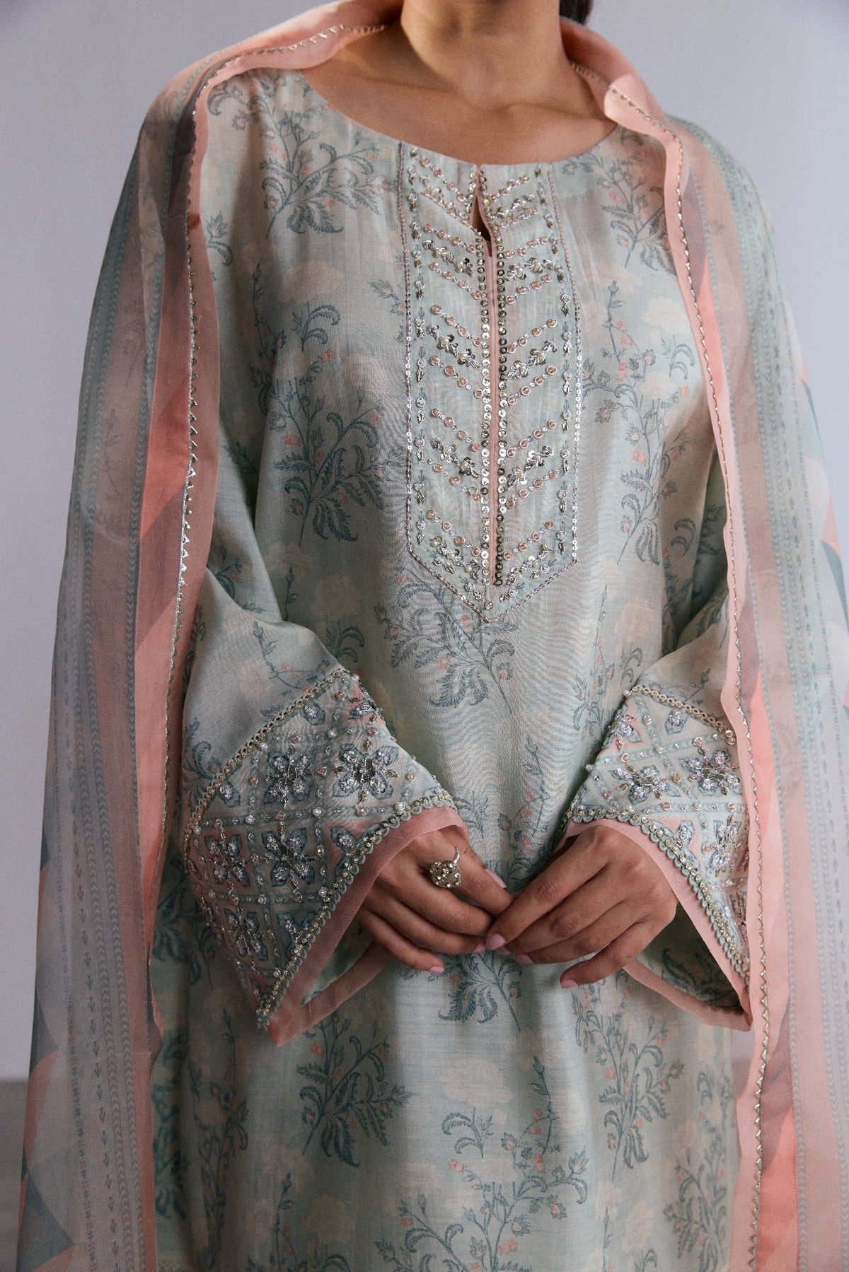 Sky blue pure silk floral print short kameez — hand-embellished neckline and organza dupatta