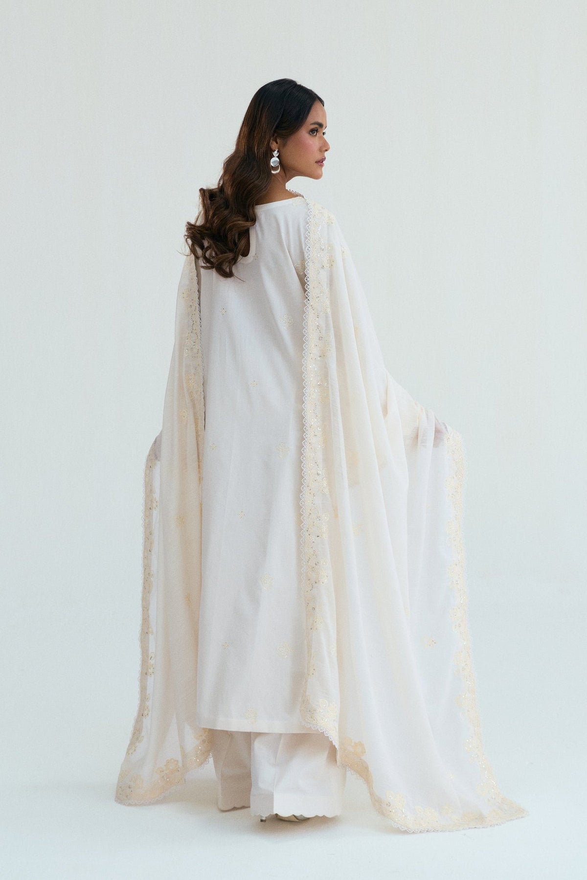 Pakistani ivory cotton suit set with sequin scalloped dupatta and soft floral shiffli patterned design — Moonstone kameez UK