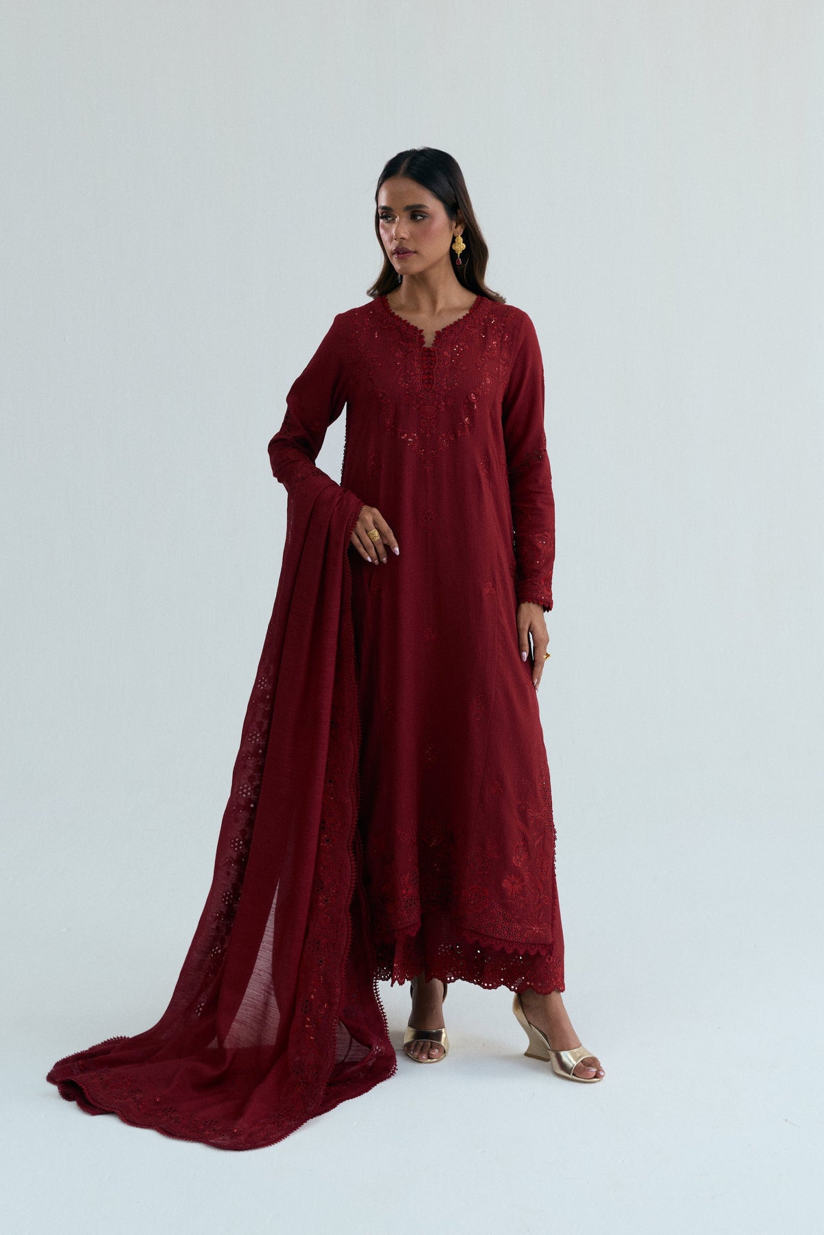 Mannam Maroon Set — pure dobby cotton  long kameez set.