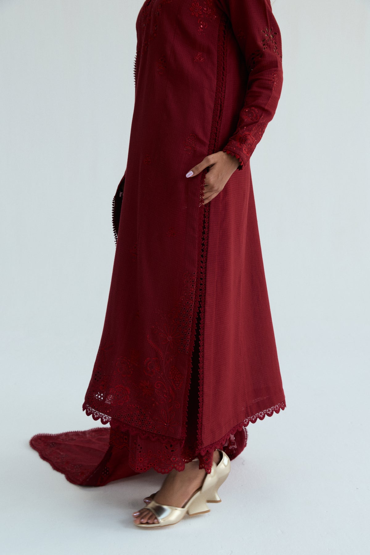 South Asian Pakistani outfit in dobby cotton with scalloped izaar trousers and slub silk dupatta