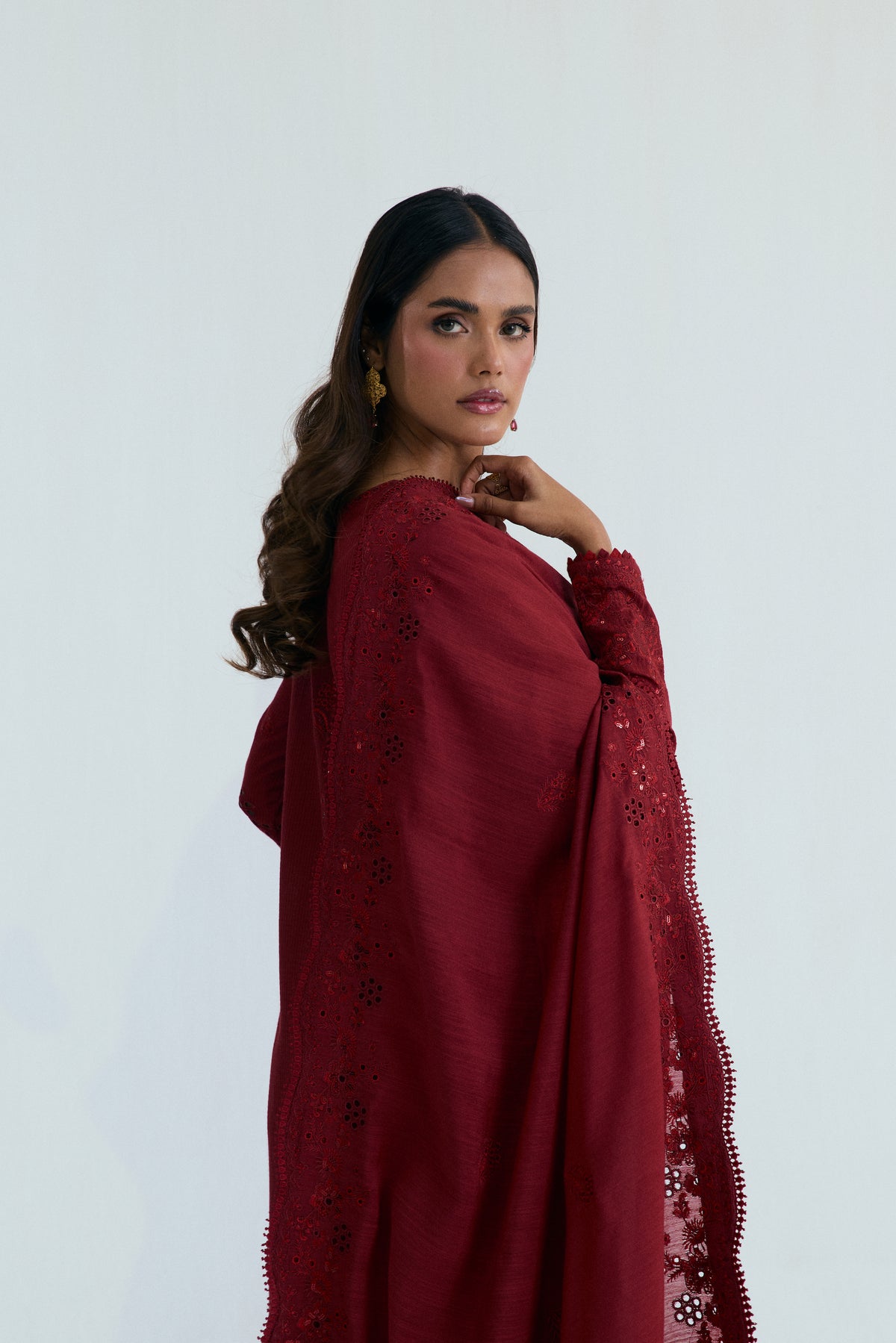 Maroon embroidered cotton Pakistani suit for women with matching kameez