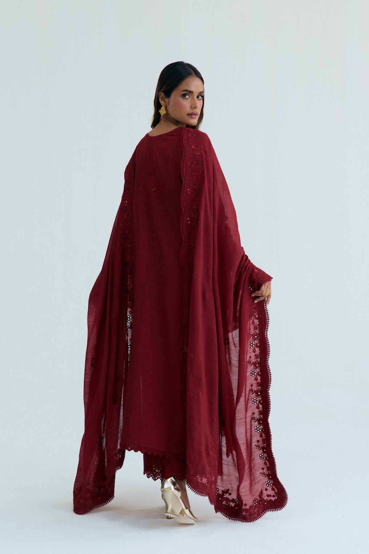 Back view of Maroon Dress Pakistani three-piece summer suit  — Mannam collection UK
