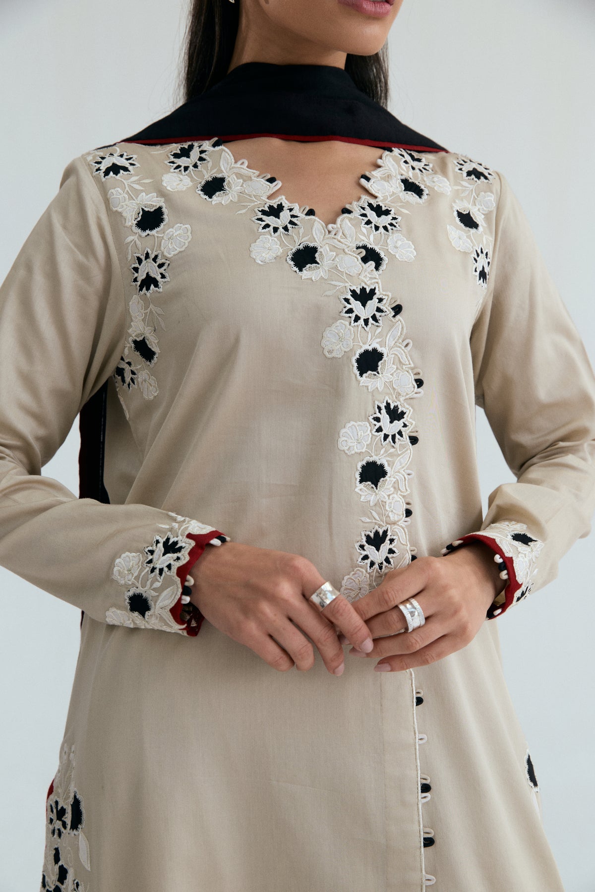 Fawn Embroidered Pakistani Suit Detail – Luxury Women’s Dress Fabric
