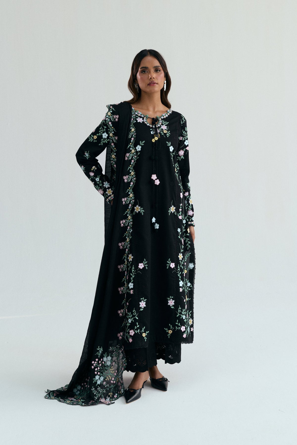  Black Pakistani casual outfit with floral embroidery
