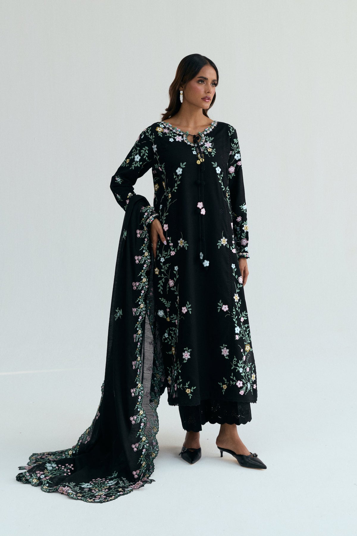 Pakistani kameez with floral design and wide leg trousers formal wear