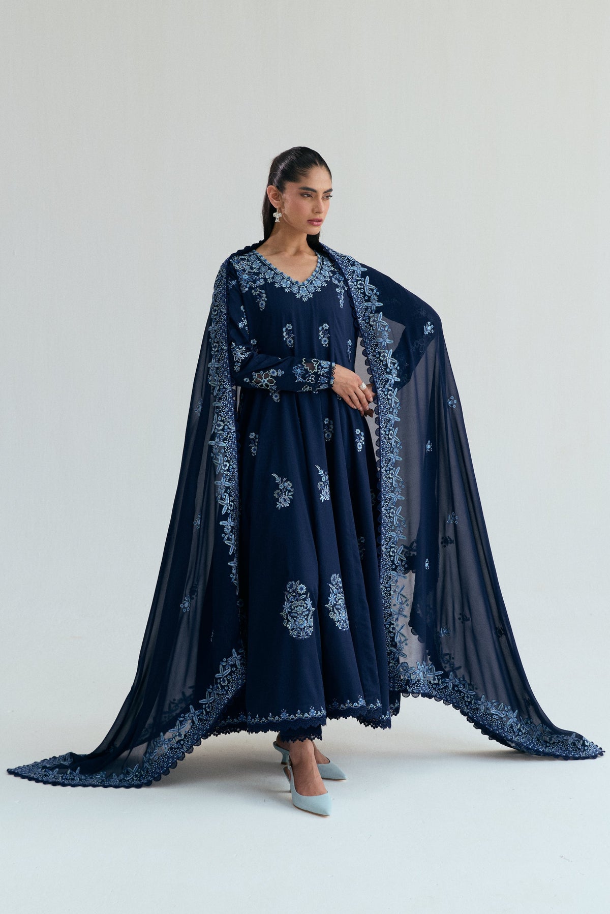 Sapphire Set — Pakistani Sapphire Blue Kalidaar Kameez with Organza Appliqué & Multicolour Accents