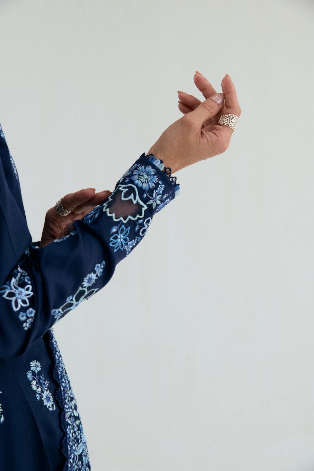 Full-length Sapphire Pakistani Kalidaar view showing A-line kameez silhouette with lace finishings