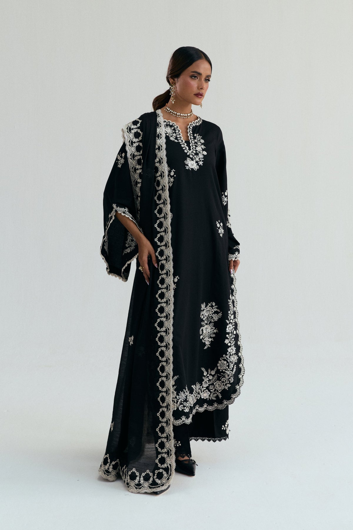 Luna Set — black cotton Pakistani kameez with two-tone ivory embroidery and asymmetric scalloped hem UK