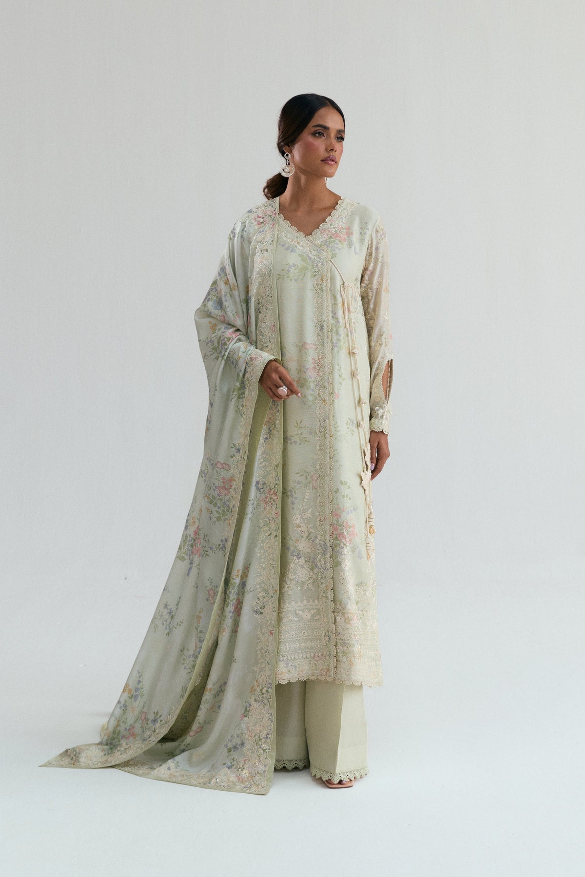 Medium silk dupatta with ivory embroidery and sequin accents in soft pastel tones, Pakistani formal wear UK