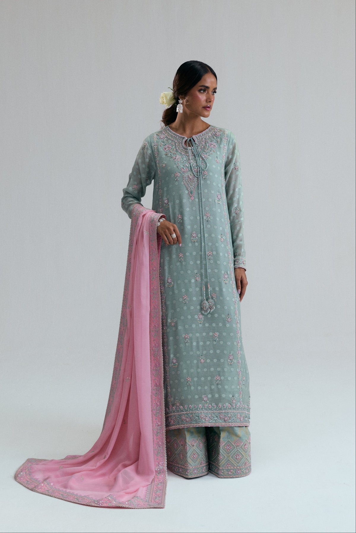 Mannam Azure Set — ice mint jacquard khadi net Pakistani kameez with multicolour resham embroidery, crystals and gota accents UK