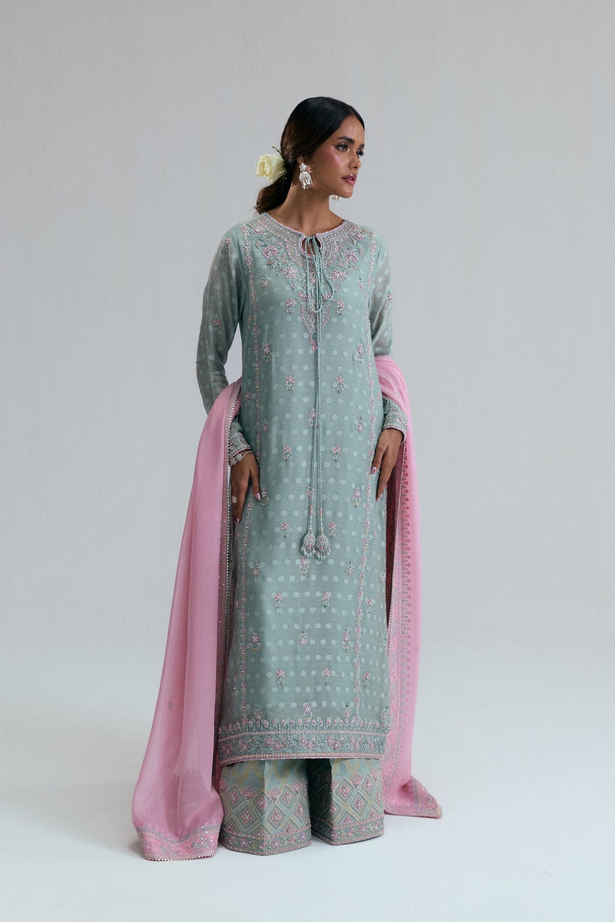 Full-length view of Azure Set showing ice mint khadi net fabric with wide-leg Banarasi jacquard trousers — Pakistani formal wear