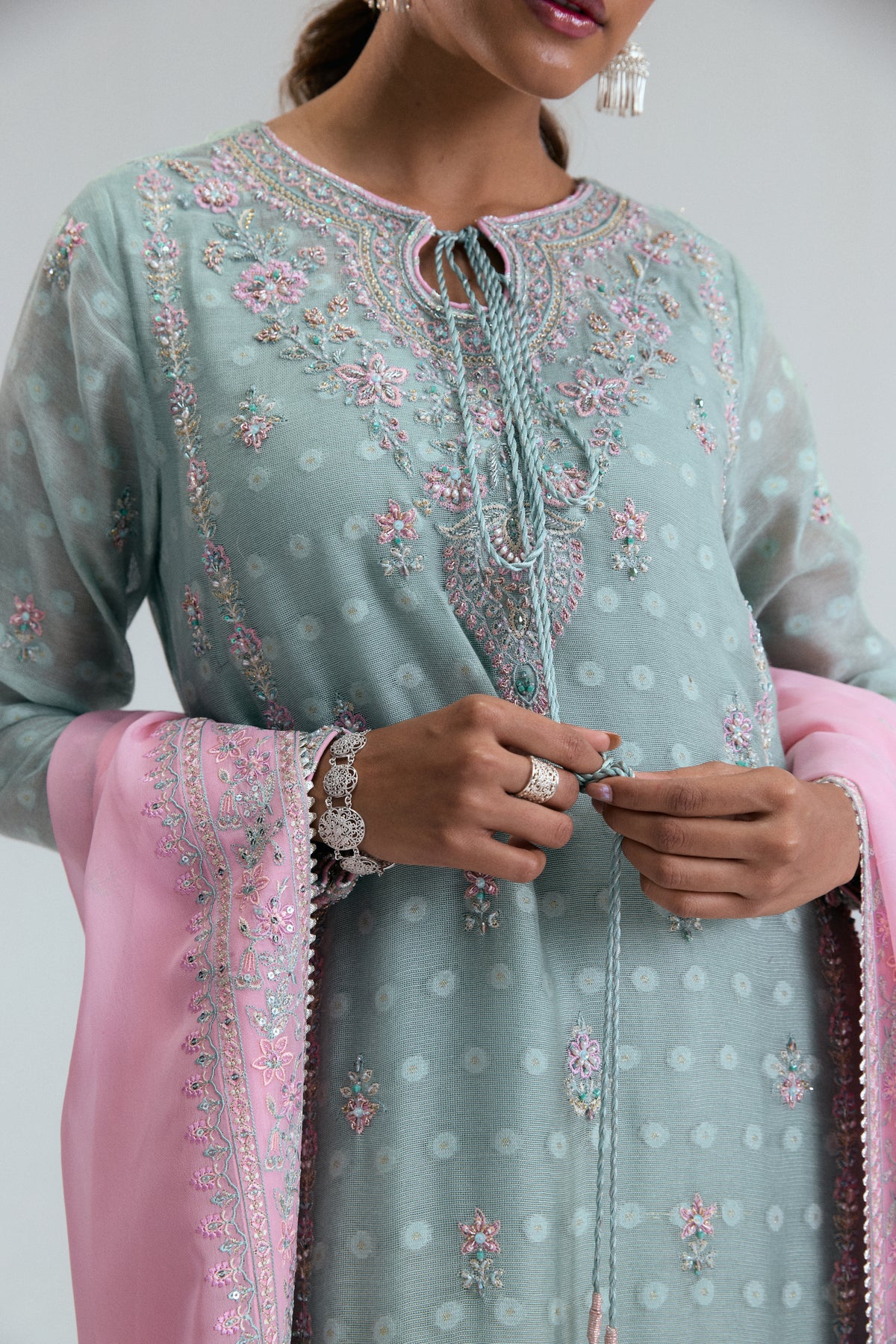 Pakistani formal wear kameez in ice mint jacquard khadi net with resham and gota accents — Mannam Azure Set