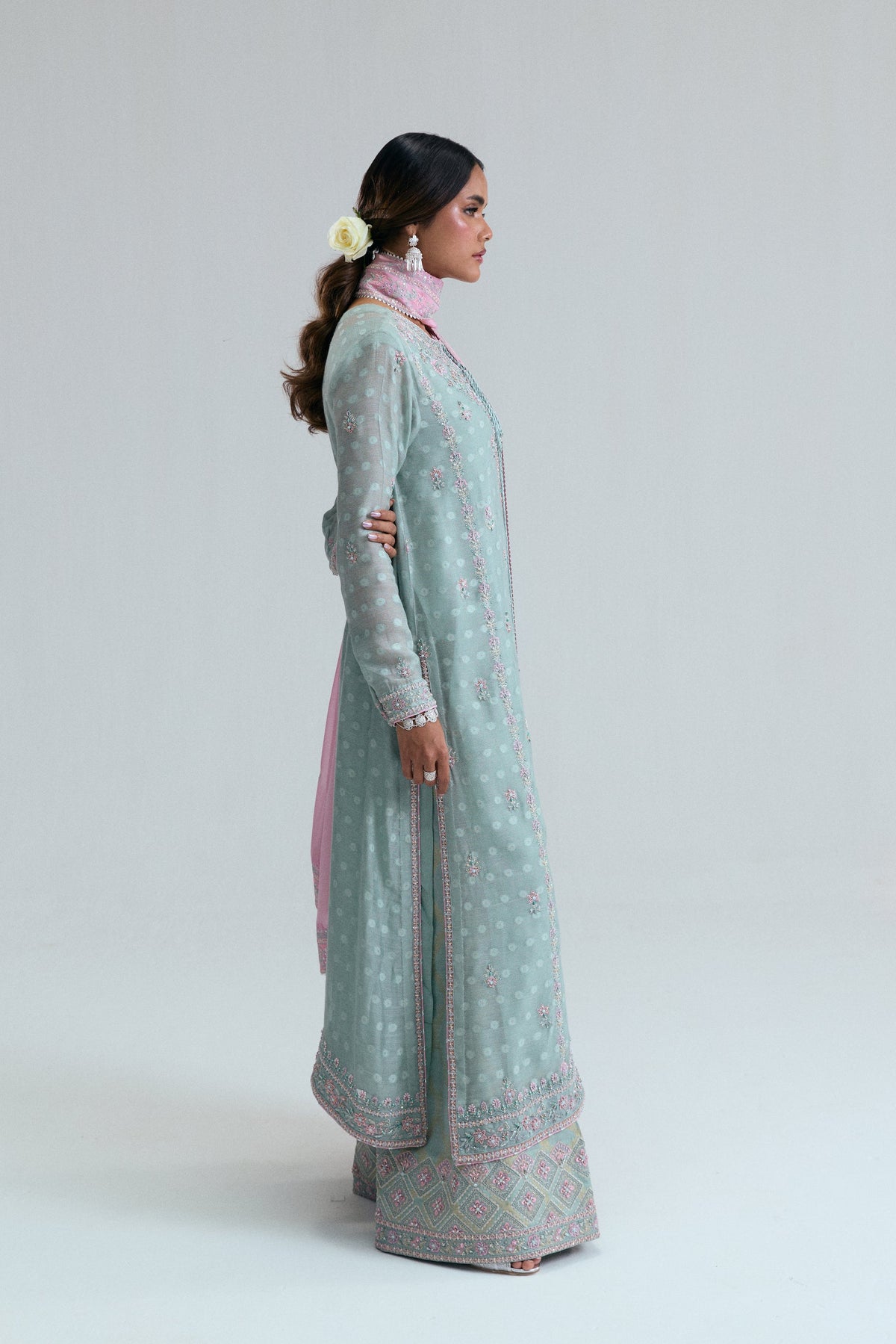 Mannam Azure ice mint Pakistani kameez with light pink dupatta showing sequin embroidery and gotti lace detailing UK
