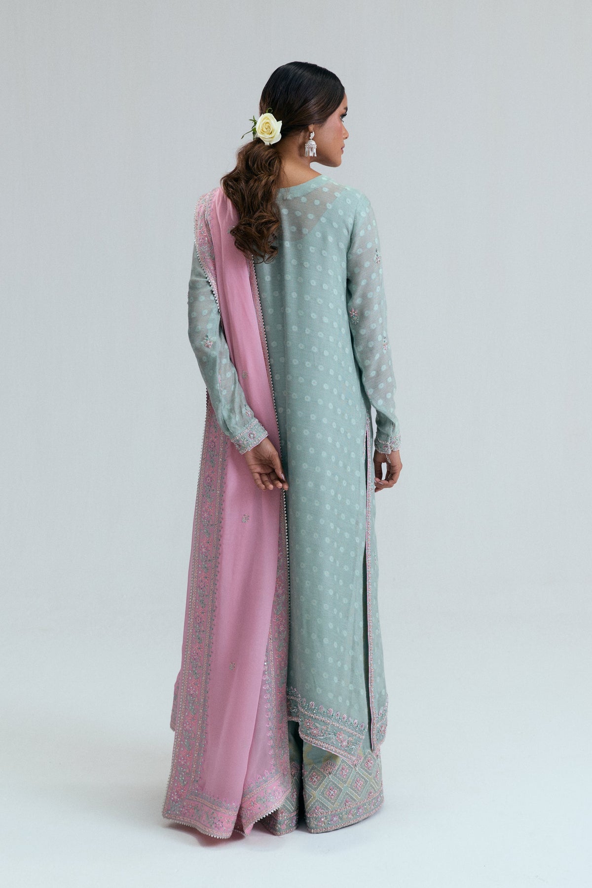 Designer Pakistani kameez ensemble in ice mint jacquard khadi with light pink sequin dupatta — Mannam Azure Set