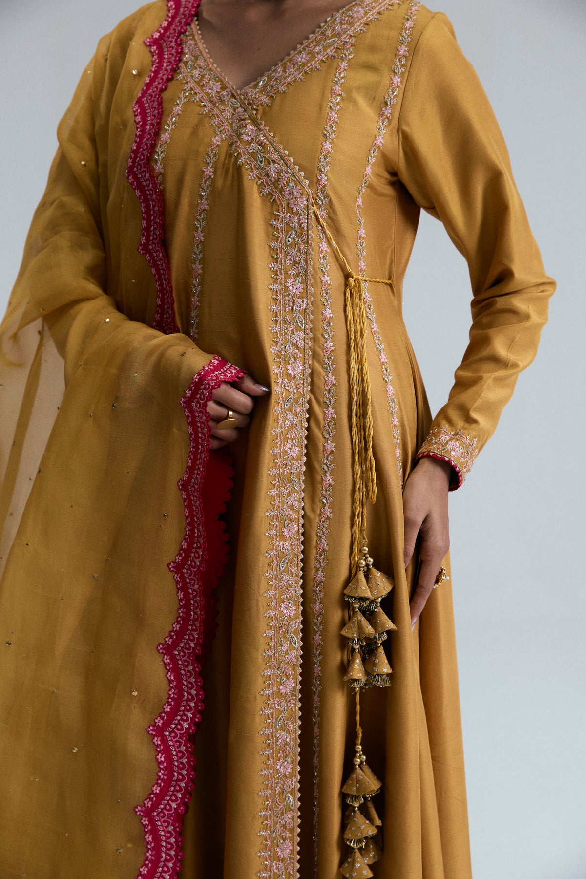 Pakistani formal wear Kalidaar Angrakha frock crafted in luxurious silk and organza