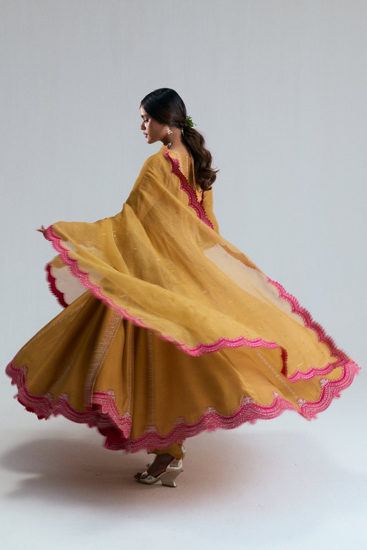 Pakistani formal wear Kalidaar Angrakha mustard yellow frock crafted in luxurious silk and organza