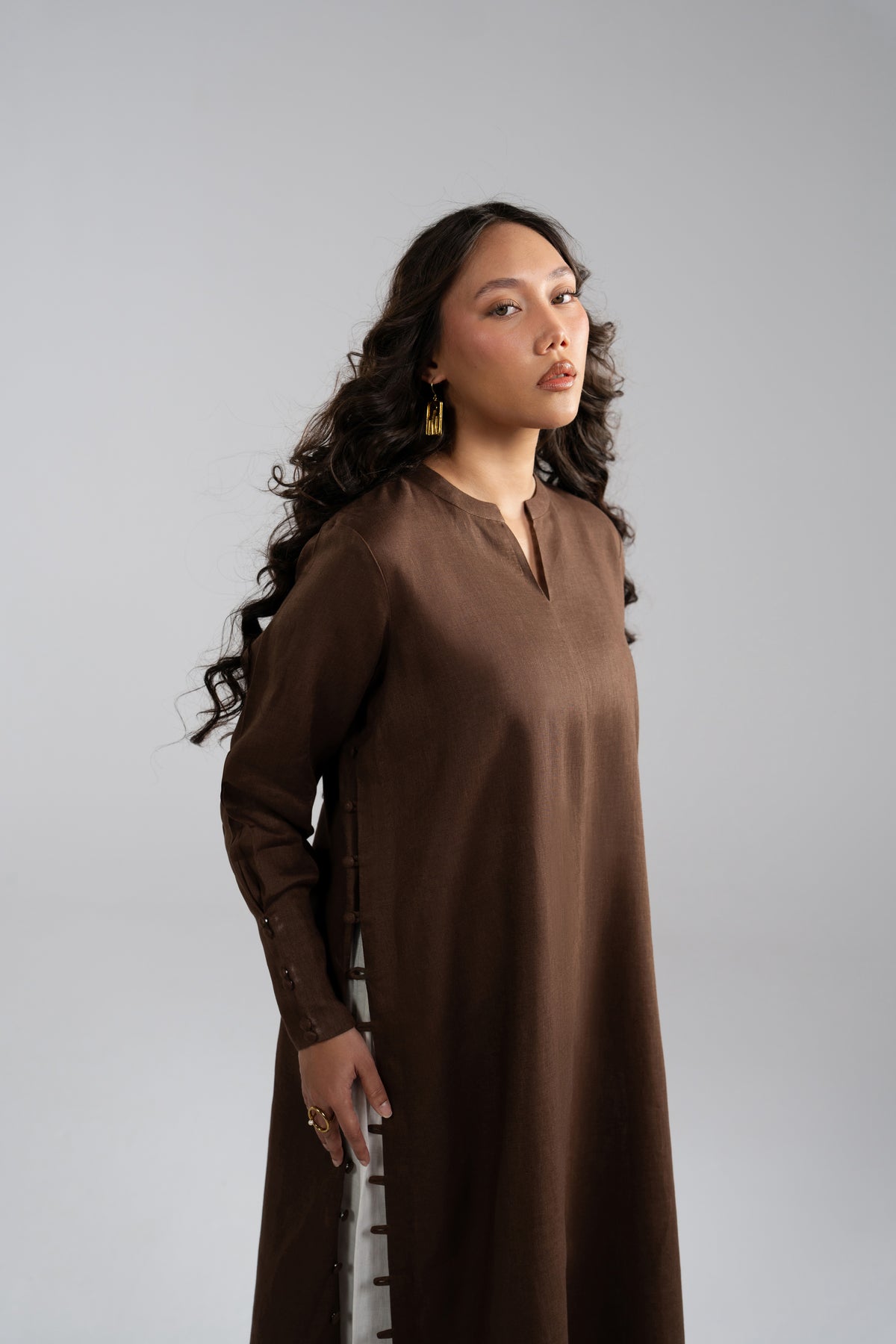 Front view of Mocha Set chocolate brown kameez, hair styled over shoulder