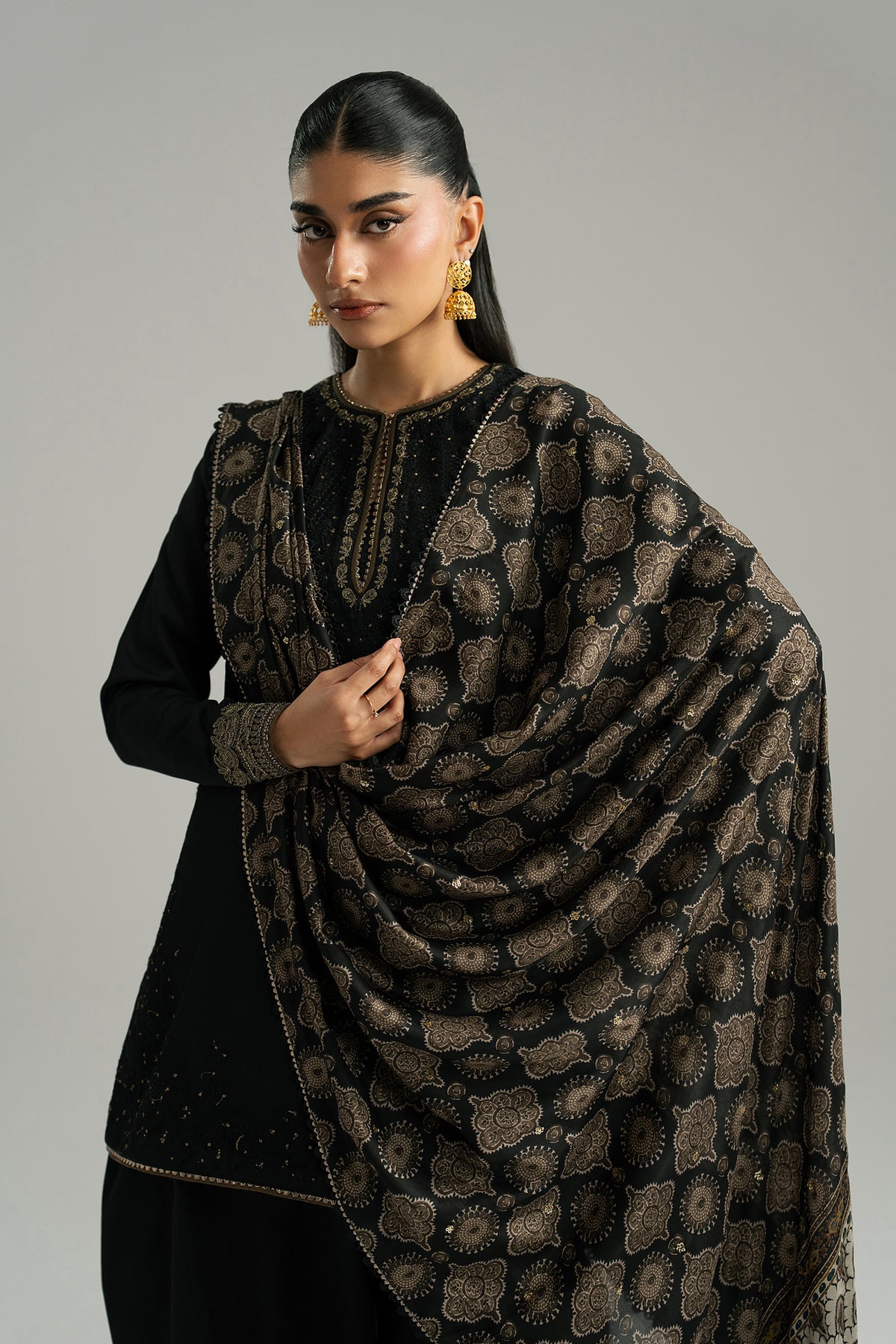 Mannam Eclipse Set styled — black Pima cotton kameez with ajrak dupatta | Pakistani festive wear UK