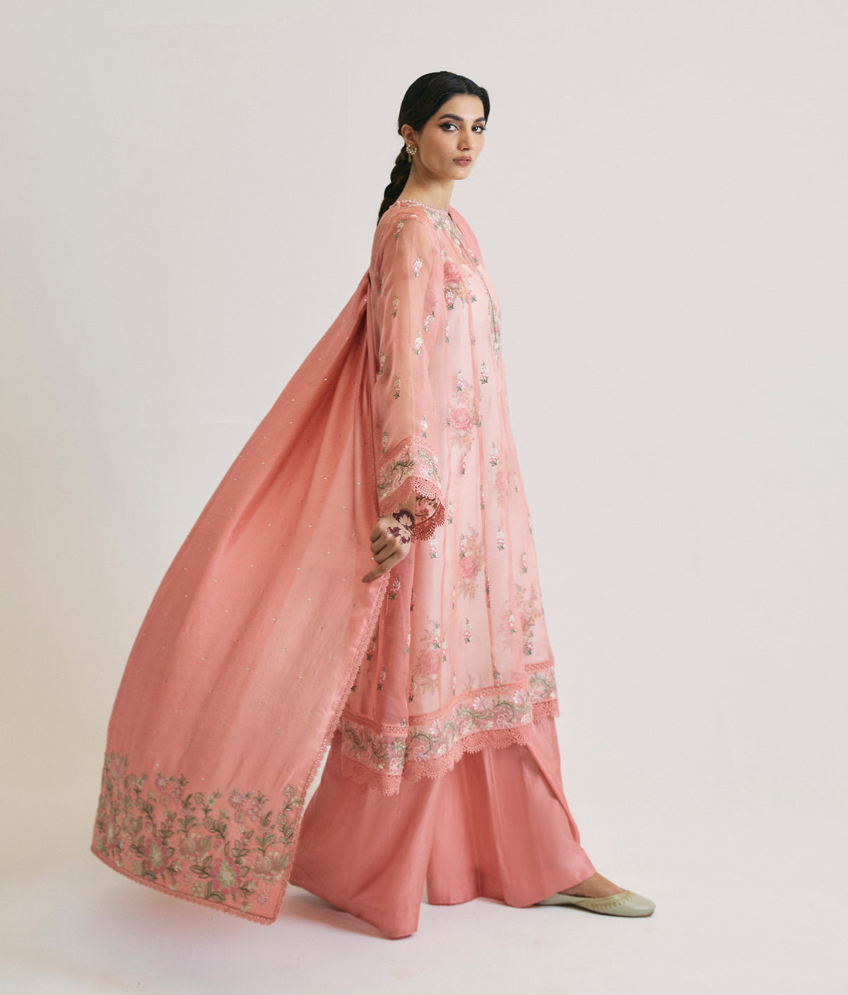 Pink kataan organza kalidaar set — flared peshwas silhouette with lace neckline | Pakistani wedding wear | Mannam UK