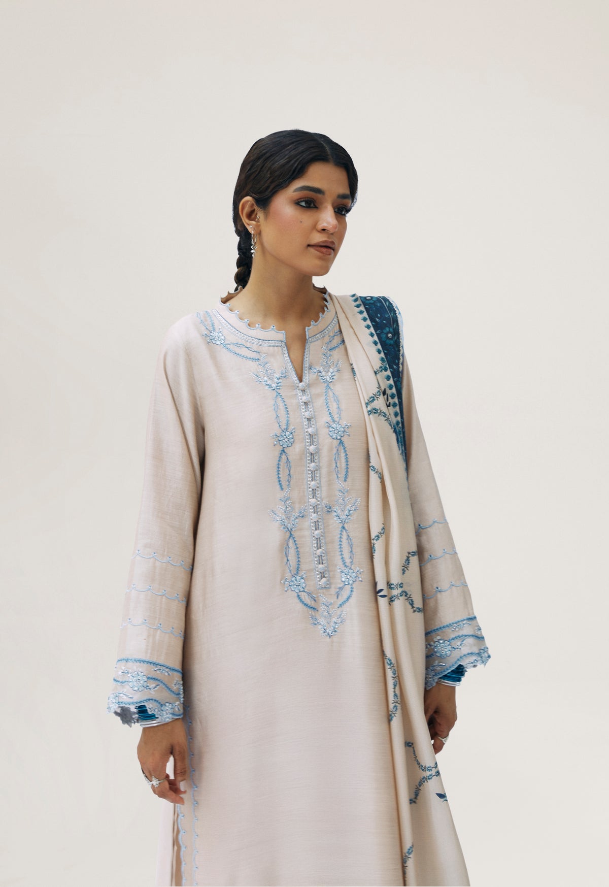 Designer pure silk almond Pakistani kameez with embroidery and scalloped edges — formal outfit for women UK