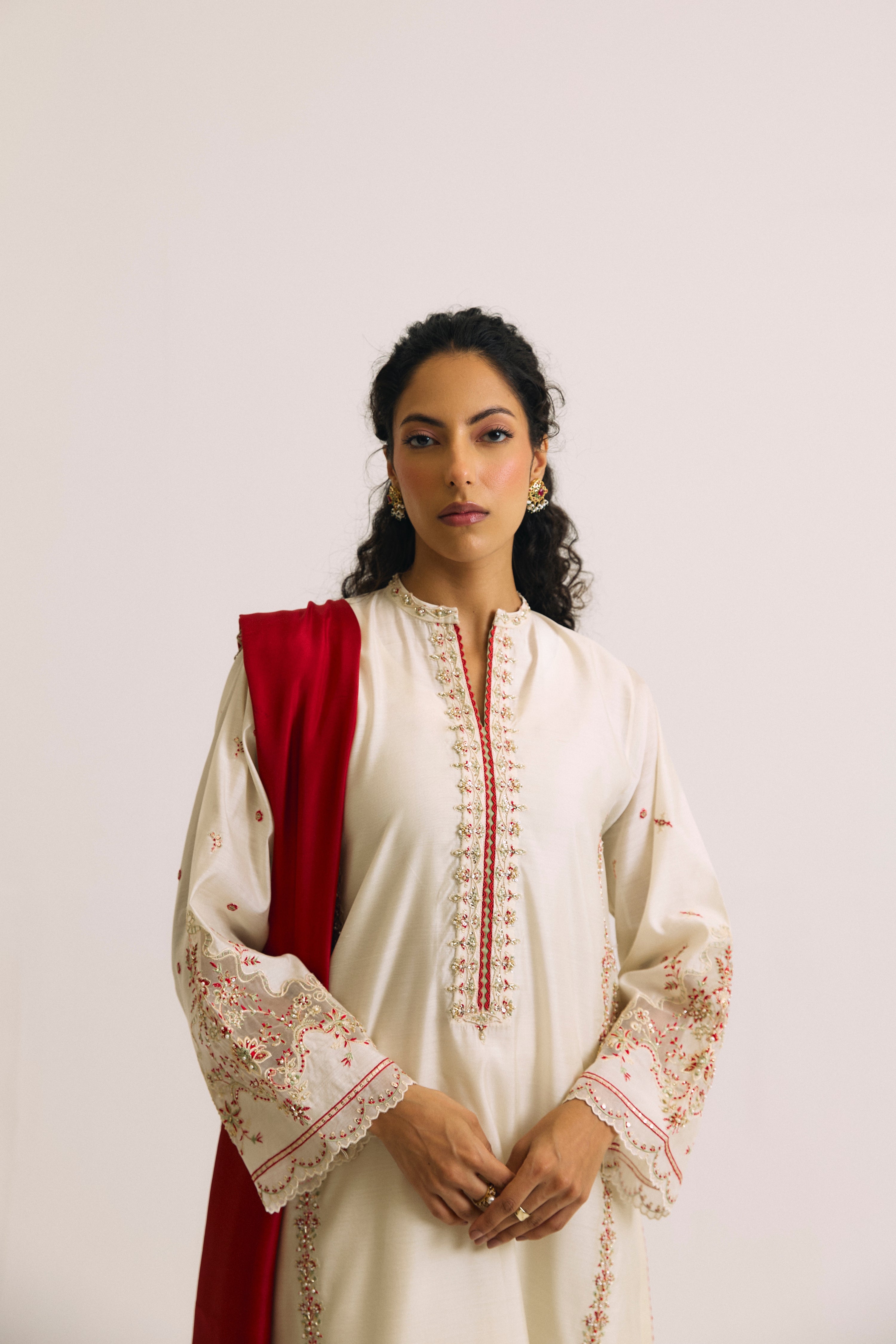 White and Red Set full look — collared silk kurta with red dupatta and straight-cut trousers | Mannam luxury pret