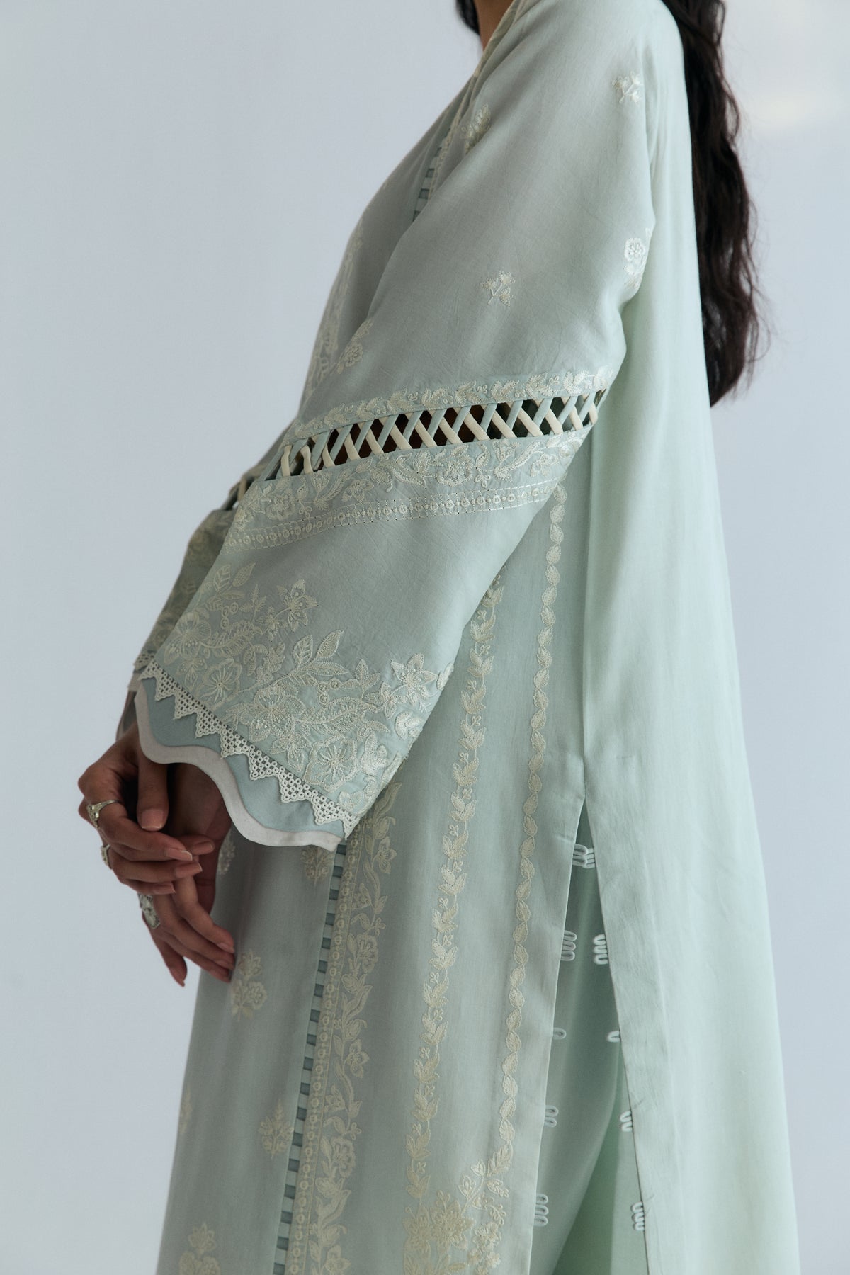 Premium powder blue Pakistani formal kameez with tapered trousers and pleated hem — elegant ethnic wear