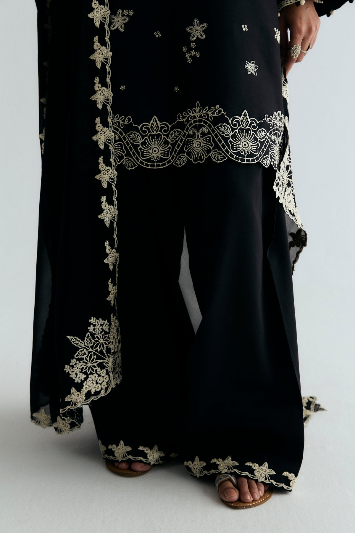 Designer black farshi shalwar kameez set with ivory threadwork — luxury Pakistani eastern wear for women