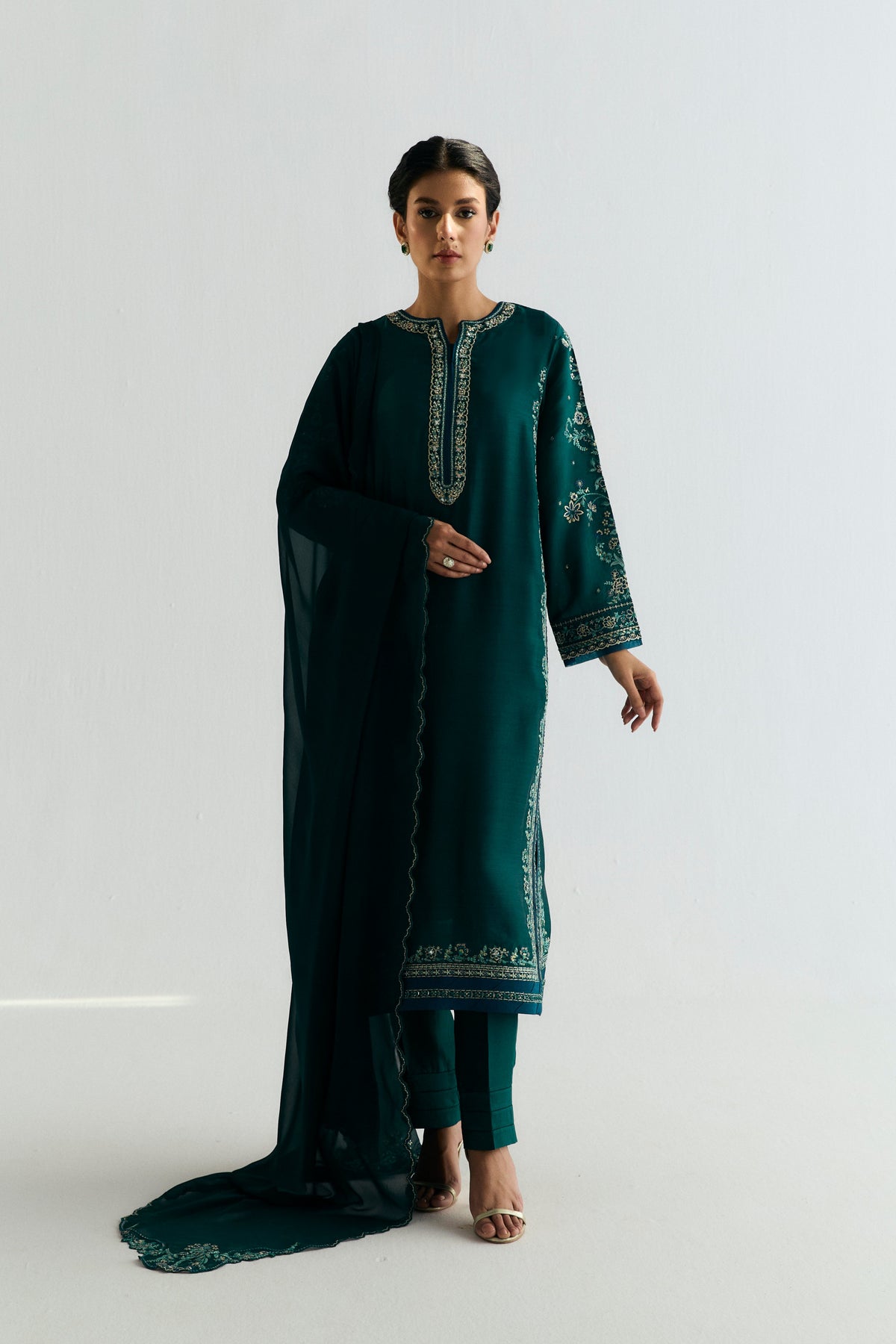Teal Set — Luxury Pakistani Khaadi Silk Kameez with Mirror Work & Floral Embroidery