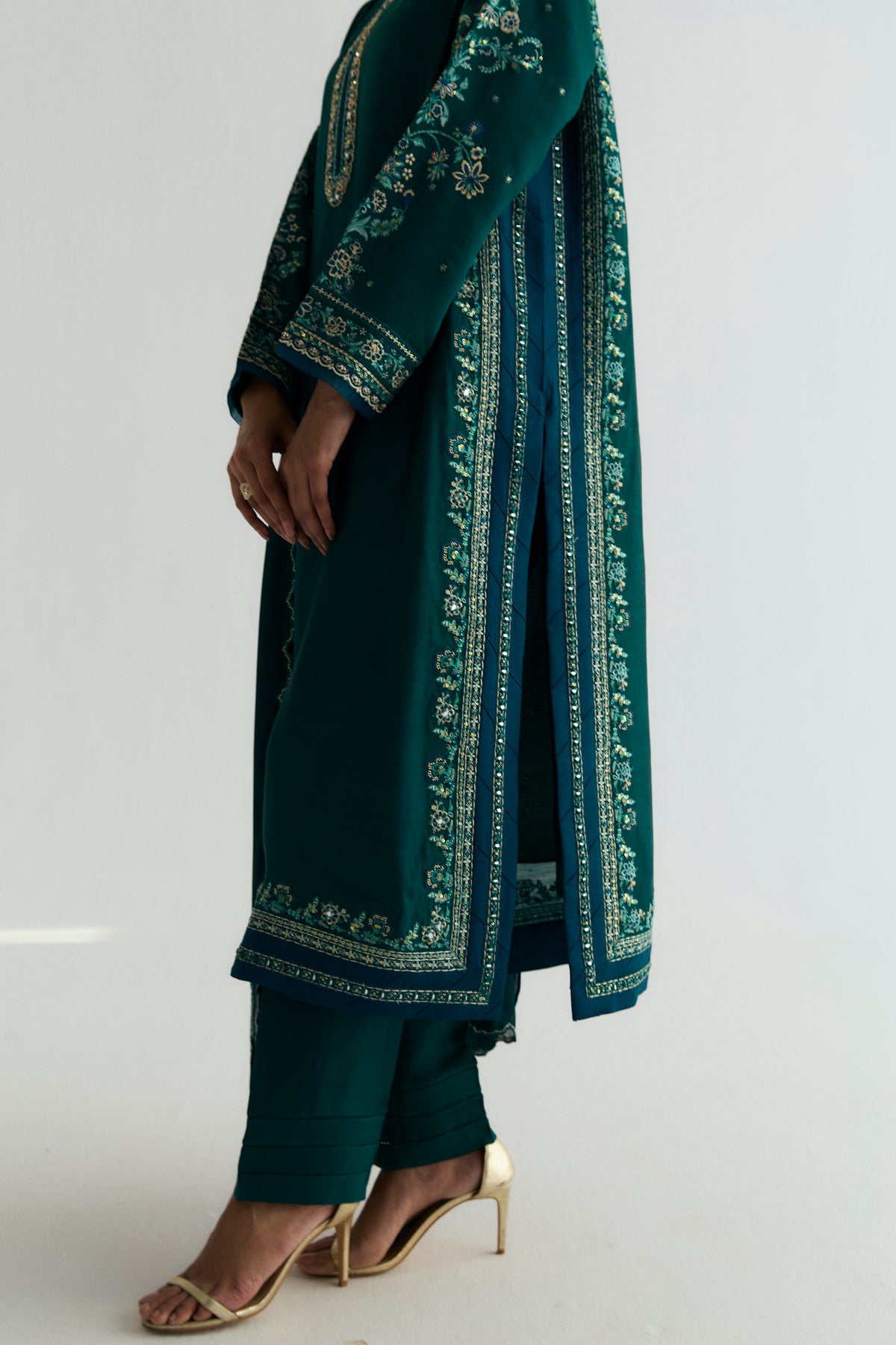 Premium khaadi silk teal Pakistani kameez with uniquely cut embroidered dupatta edge — luxury pret designer suit UK