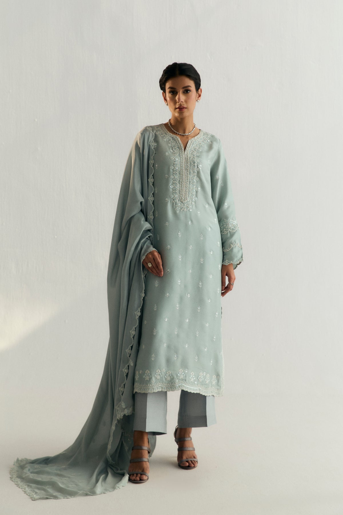 Ocean Set — Light Blue Raw Silk Straight-Fit Kameez