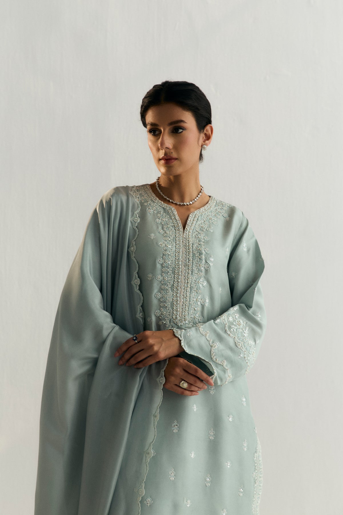Ocean light blue raw silk embroidered kameez with sequin motifs and wide-hem trousers