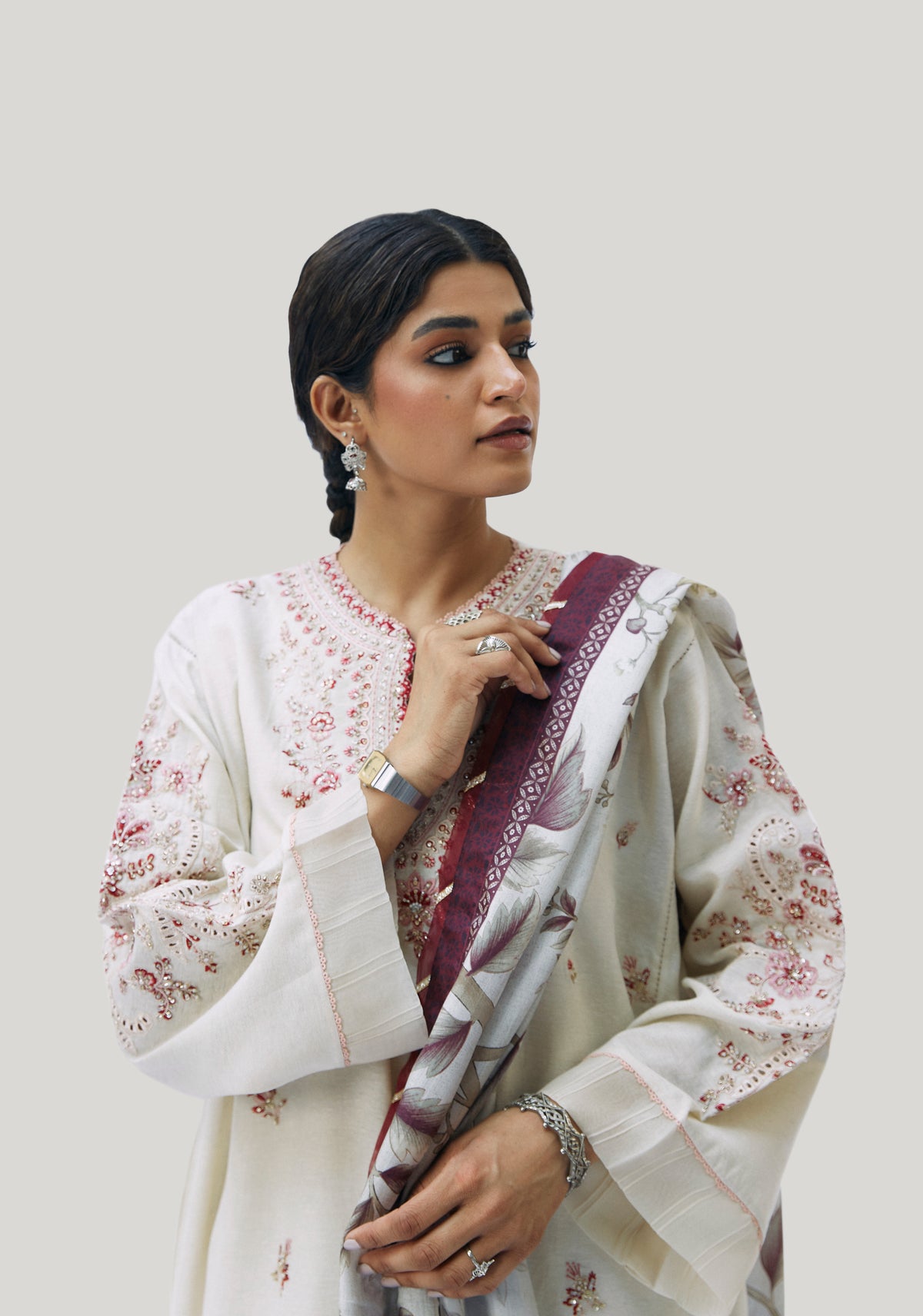 Premium ecru ethnic wear kameez set with pintuck trousers and silk printed dupatta — South Asian designer collection UK