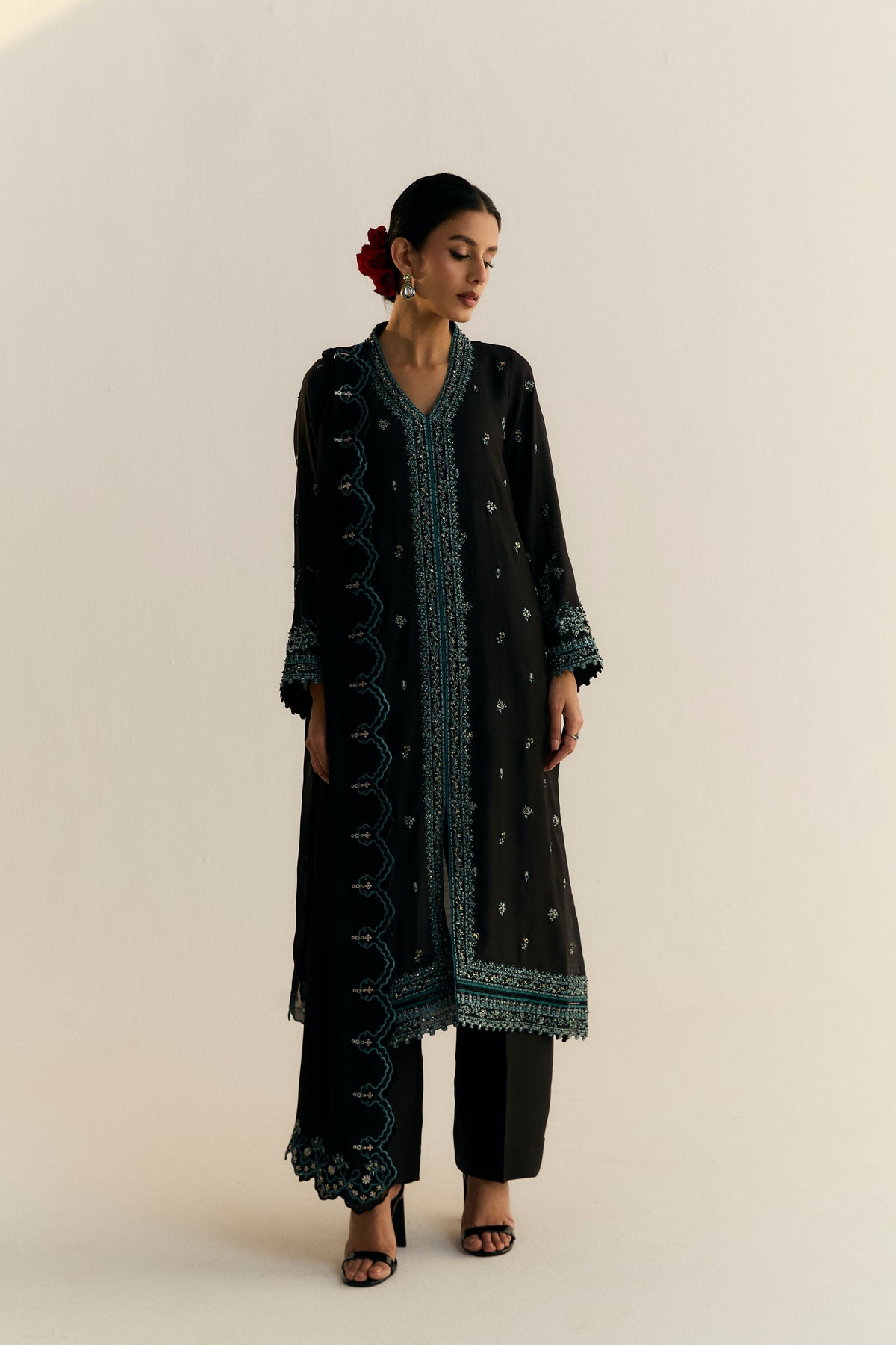 Mannam Onyx Set — black khaadi silk jacket-style kameez with azure Adda embroidery and raw silk trousers, luxury Pakistani formal wear