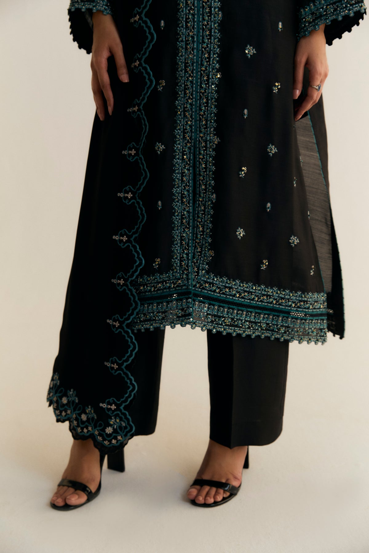 Designer Onyx black Pakistani silk jacket kameez with azure Adda embroidery — luxury pret formal wear by Mannam
