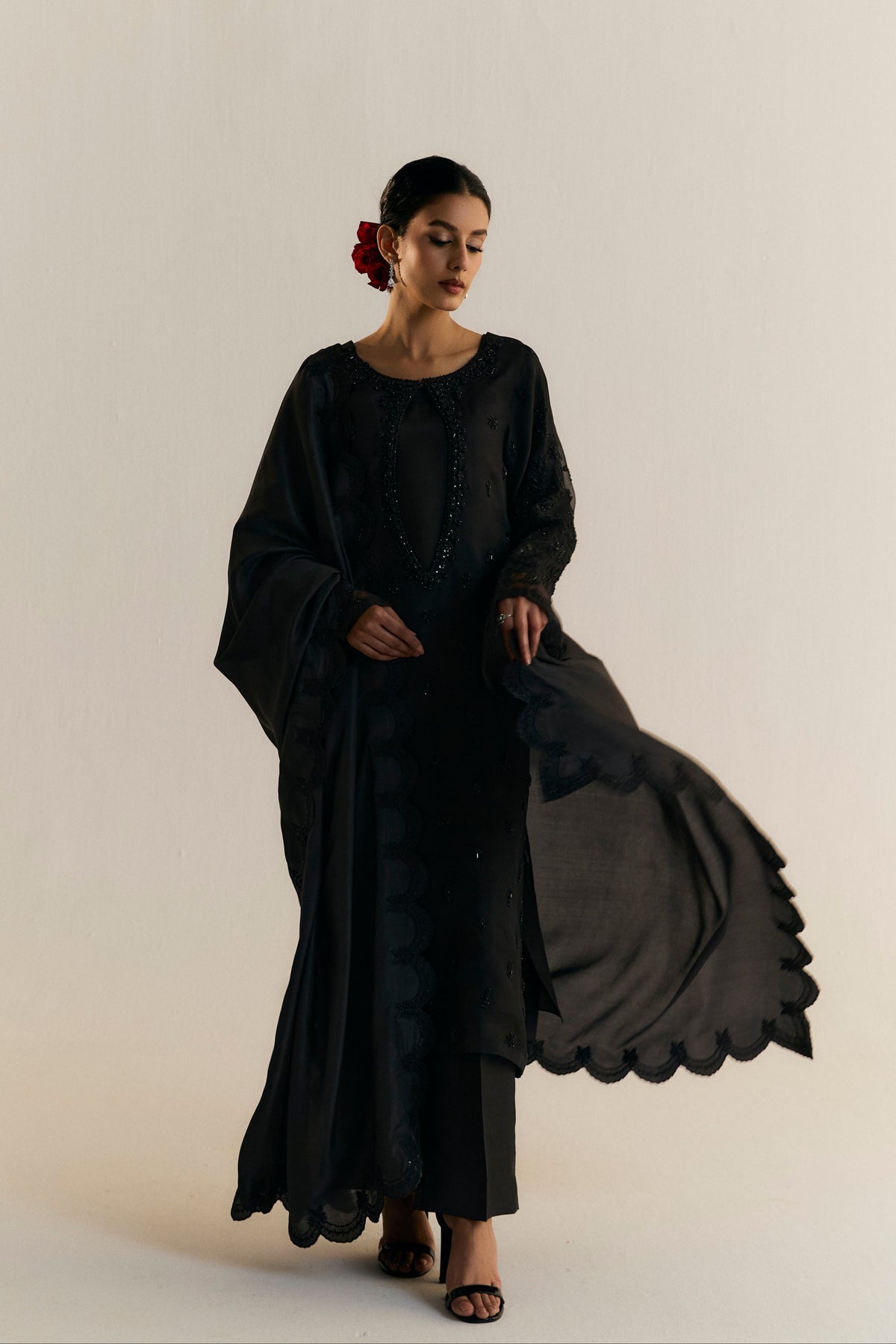 Designer Raven black three-piece Pakistani organza suit — elegant ethnic wear for weddings and formal occasions UK