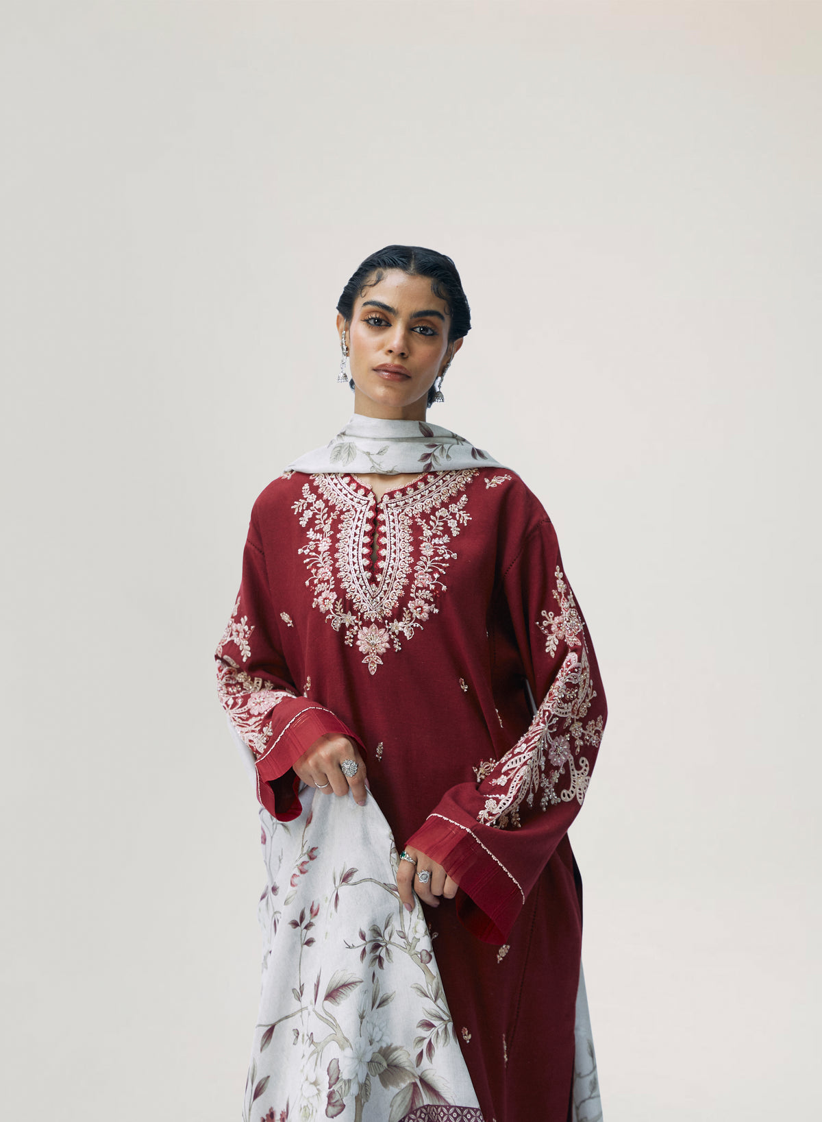Elegant red Pakistani kameez with pintuck trousers and printed silk dupatta — formal festive wear for women UK